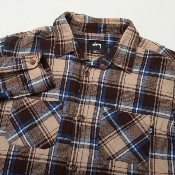 Stussy Shirt Mens XL Brown Blue Tan Plaid Flannel Button Up Cotton Casual